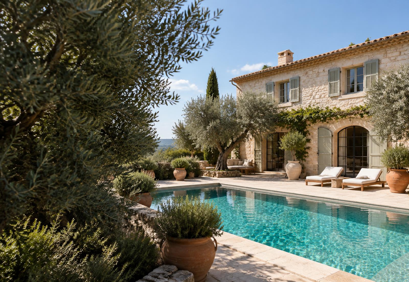 Sunlit villa and swimming pool surrounded by olive trees